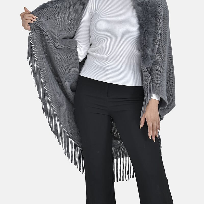 Tamsy Charcoal Trendy and Luxurious Faux Fur Trimmed Kimono with Fringes - One Size Fits Most