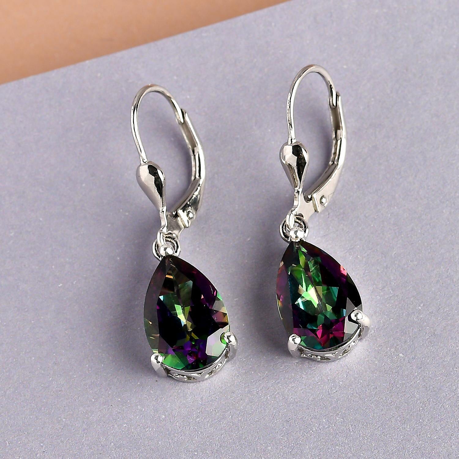 Northern Lights Mystic Topaz Solitaire Lever Back Earrings in Platinum Over Sterling Silver 6.75 ctw