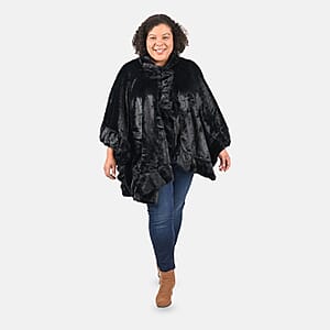 Tamsy Holiday Special Black Faux Fur Ruana with Toggle Button - One Size Fits Most