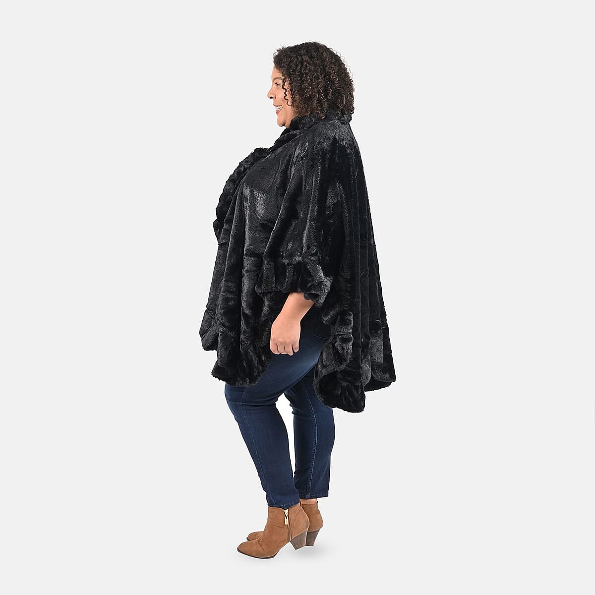 Tamsy Holiday Special Black Faux Fur Ruana with Toggle Button - One Size Fits Most image number 2