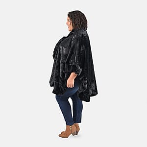Tamsy Holiday Special Black Faux Fur Ruana with Toggle Button - One Size Fits Most