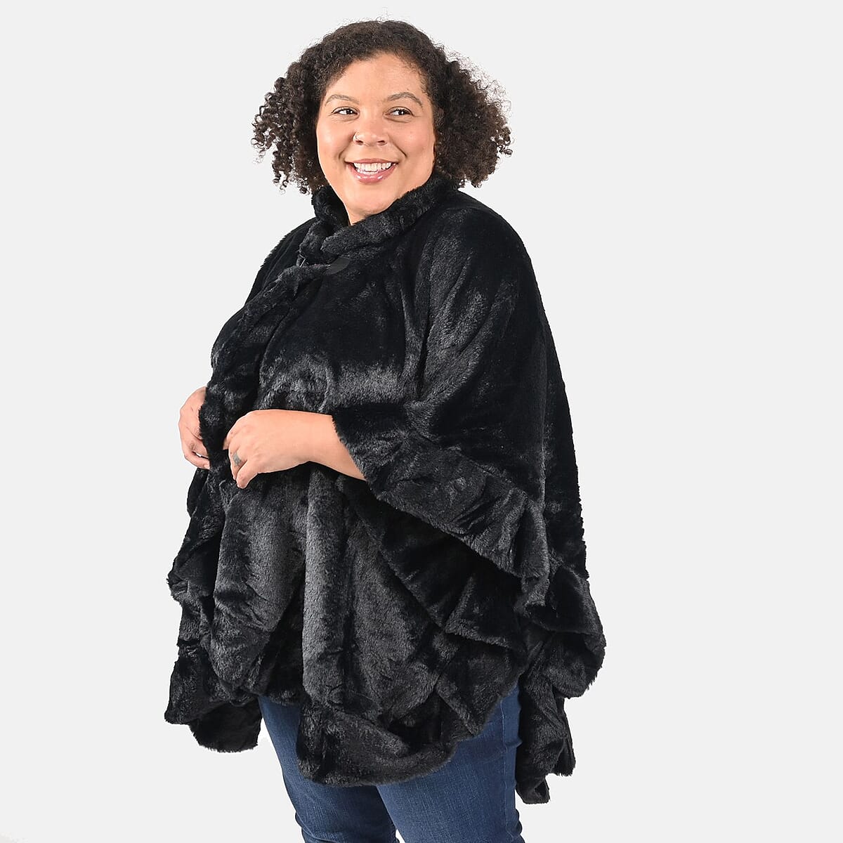 Tamsy Holiday Special Black Faux Fur Ruana with Toggle Button - One Size Fits Most image number 3