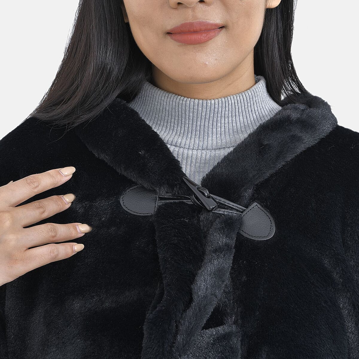 Tamsy Holiday Special Black Faux Fur Ruana with Toggle Button - One Size Fits Most image number 5