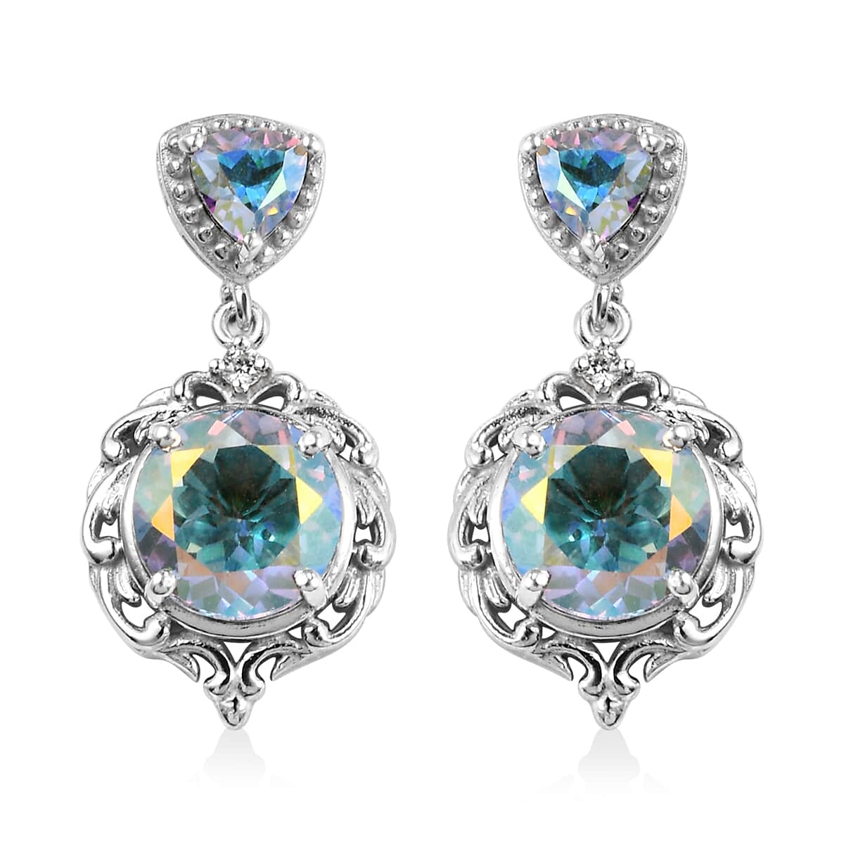 Mercury Mystic Topaz and White Zircon Dangling Earrings in Platinum Over Sterling Silver 7.40 ctw image number 0
