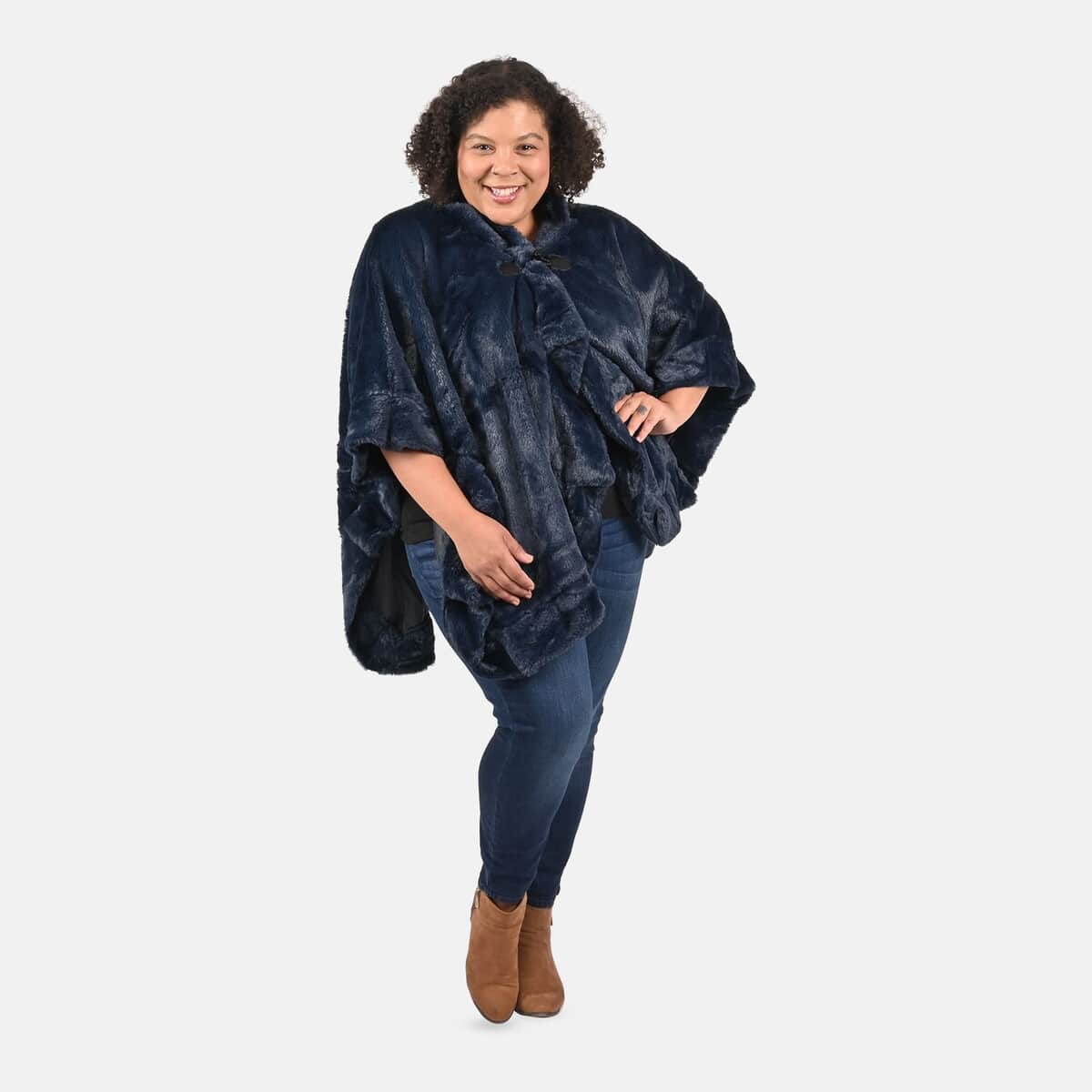 Tamsy Holiday Special Navy Faux Fur Ruana with Toggle Button - One Size Fits Most image number 0