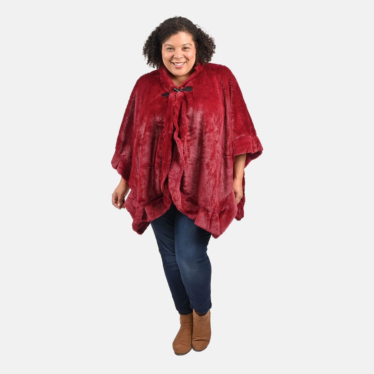 Tamsy Holiday Special Cranberry Faux Fur Ruana with Toggle Button - One Size Fits Most image number 0