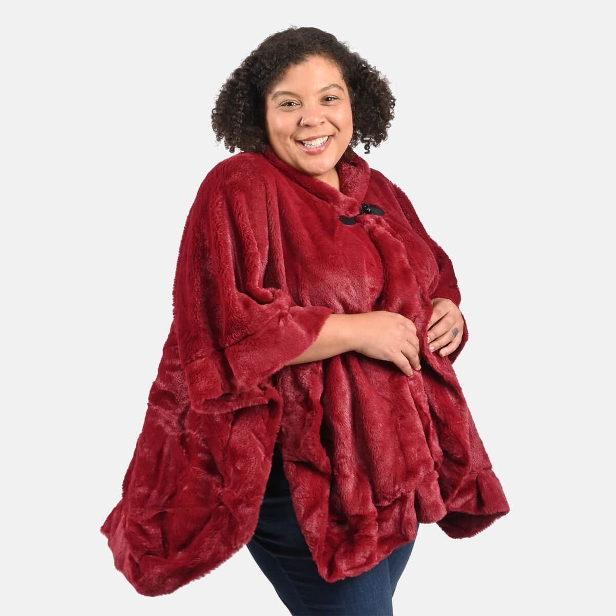 Tamsy Holiday Special Cranberry Faux Fur Ruana with Toggle Button - One Size Fits Most image number 3