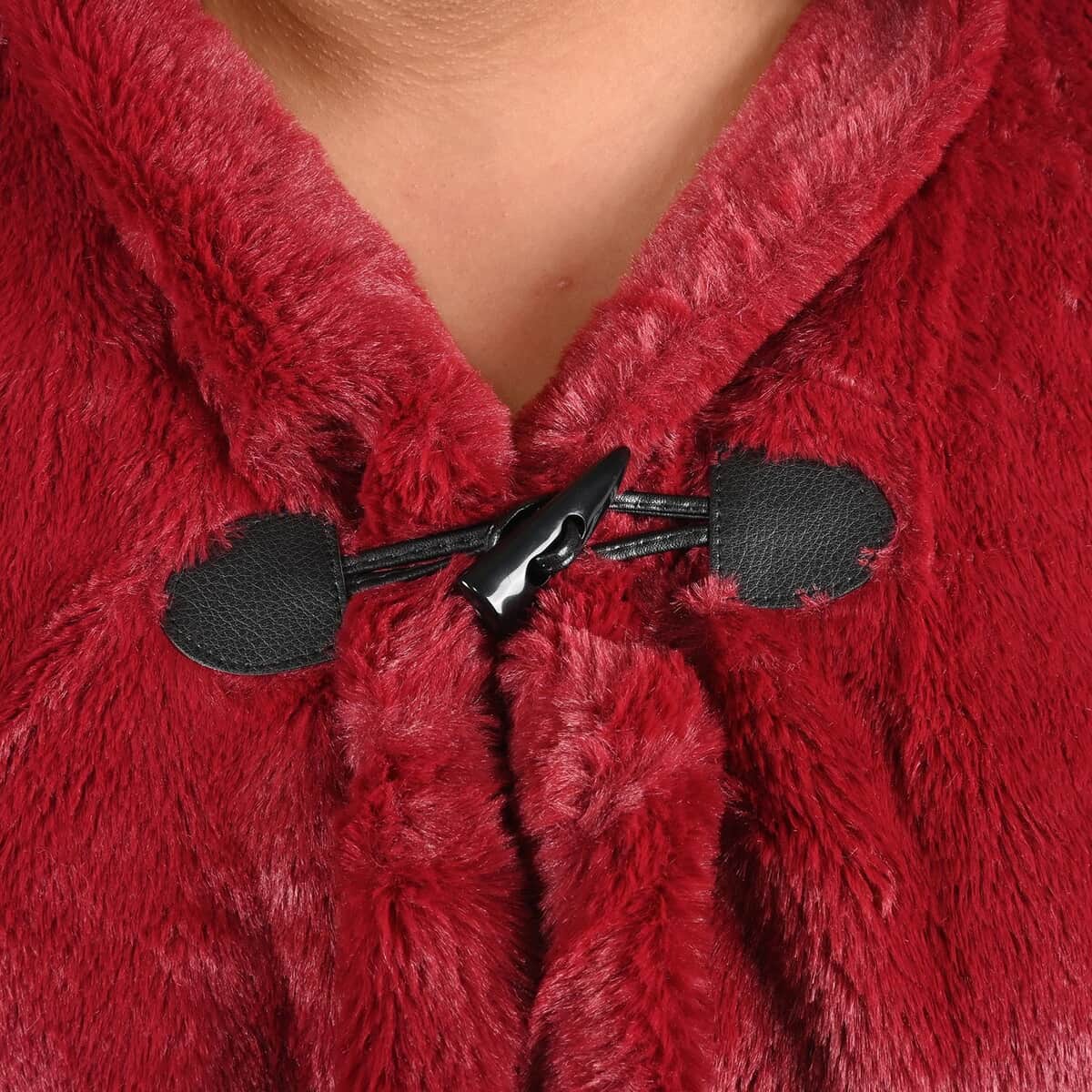 Tamsy Holiday Special Cranberry Faux Fur Ruana with Toggle Button - One Size Fits Most image number 4