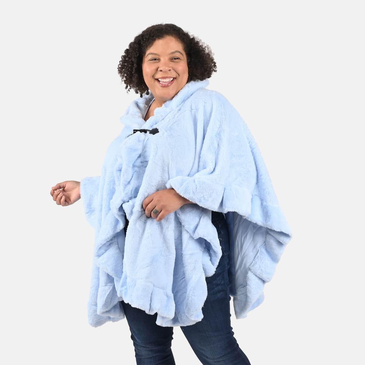 Tamsy Holiday Special Ice Blue Faux Fur Ruana with Toggle Button - One Size Fits Most image number 3