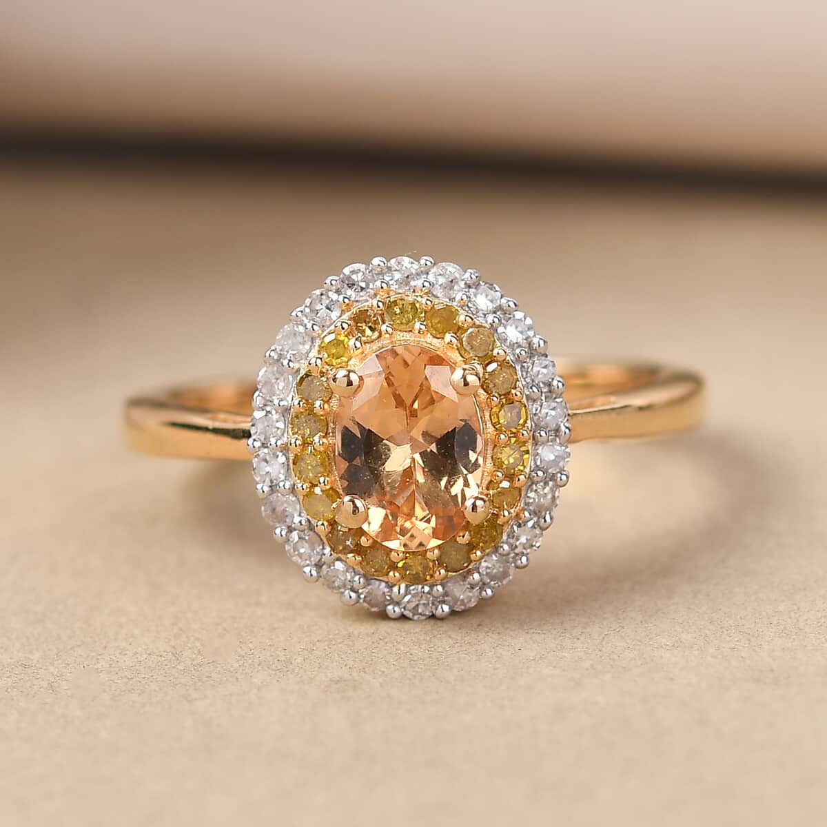 Premium Natural Golden Imperial Topaz, Yellow Diamond and Diamond Halo Ring in Vermeil Yellow Gold Over Sterling Silver 1.25 ctw image number 1