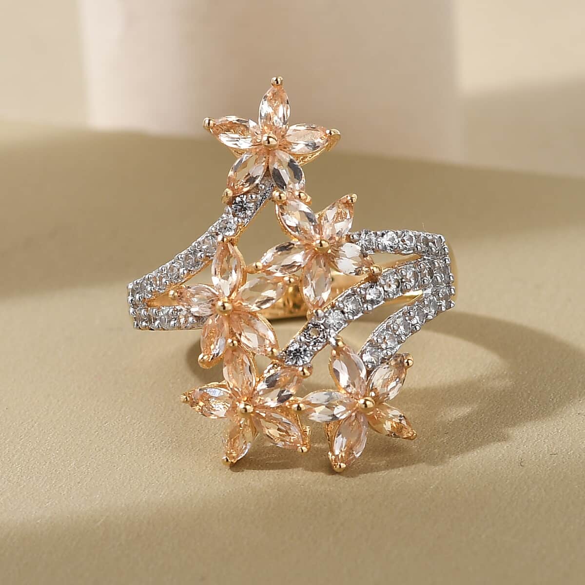 Premium Natural Imperial Topaz and Natural White Zircon Bypass Flowers Ring in Vermeil Yellow Gold Over Sterling Silver (Size 6.0) 3.00 ctw image number 1