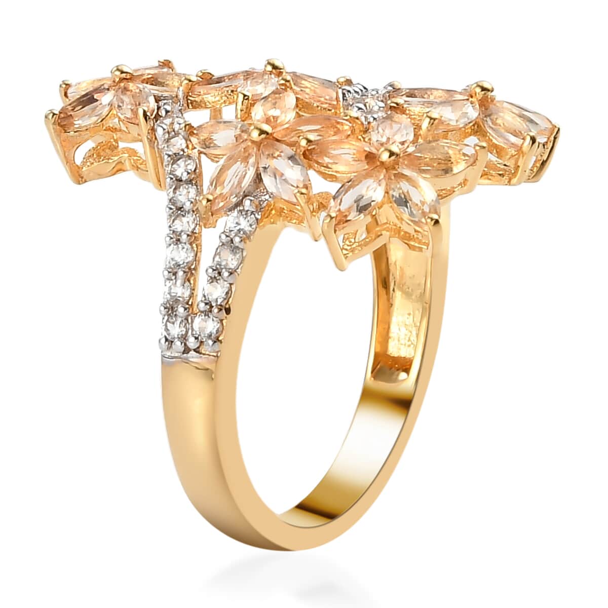 Premium Natural Imperial Topaz and Natural White Zircon Bypass Flowers Ring in Vermeil Yellow Gold Over Sterling Silver (Size 6.0) 3.00 ctw image number 3