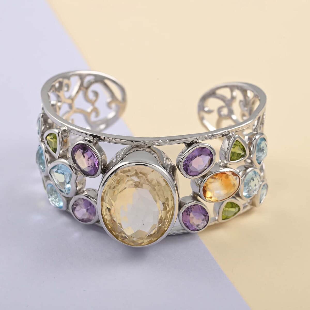 One Of A Kind Brazilian Citrine and Multi Gemstone Mixed Shapes and Hearts Statement Cuff Bracelet in Sterling Silver (7.50 In) 66.10 Grams 40.40 ctw image number 1