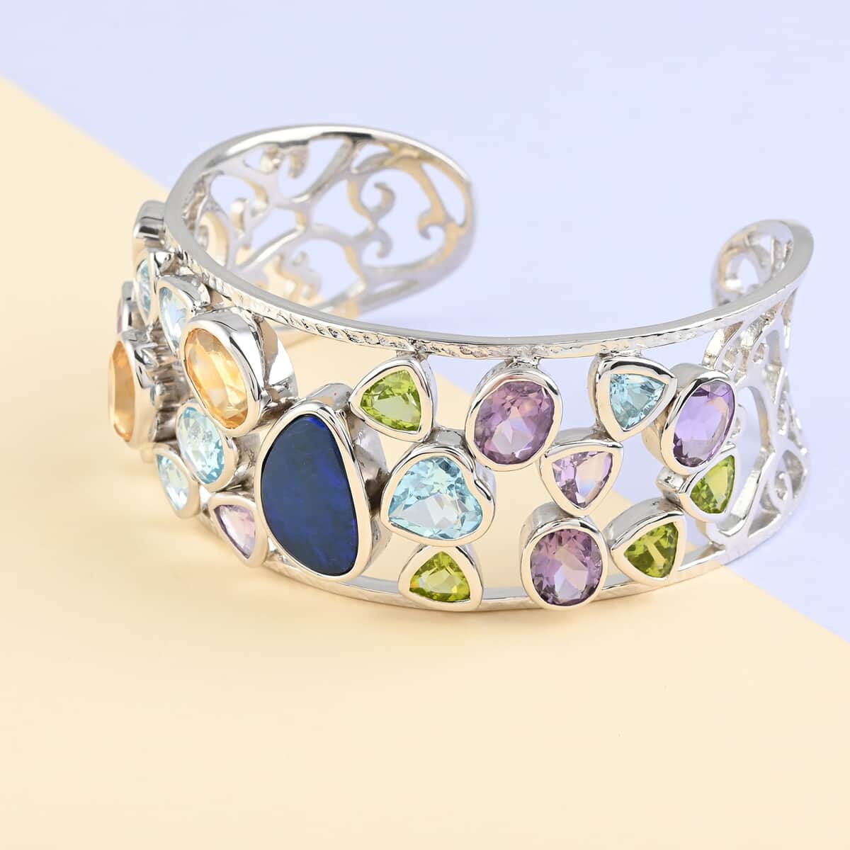 One Of A Kind Australian Boulder Opal Triplet & Multi Gemstone Mixed Shapes & Hearts Cuff Bracelet in Sterling Silver (7.00 In) 55.8 Grams 25.70 ctw image number 1