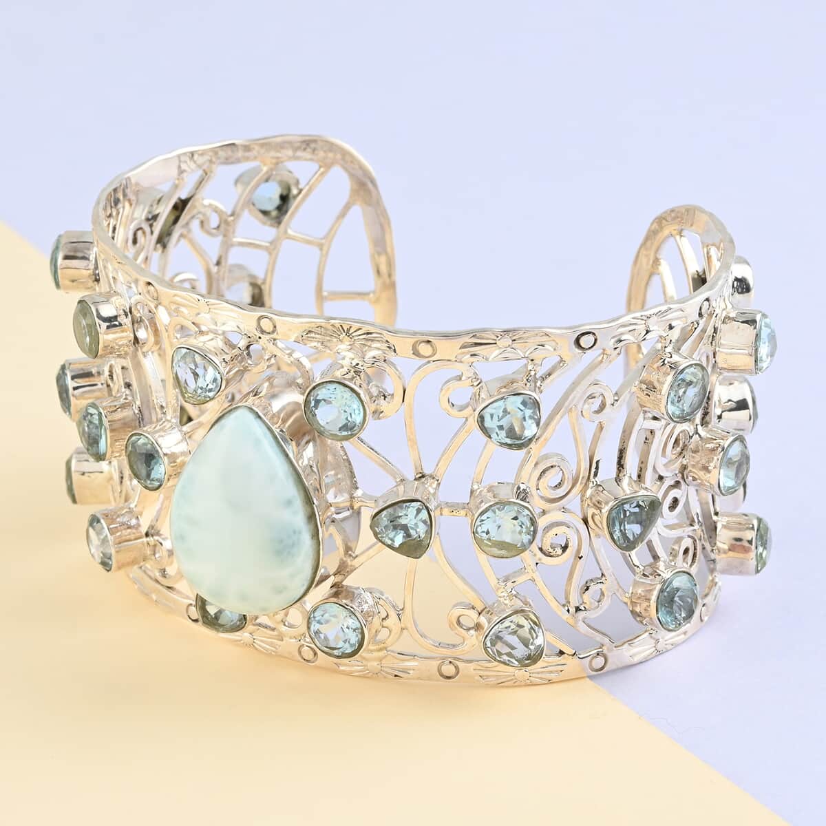 One Of A Kind Larimar and Blue Topaz Art Nouveau Inspired Mixed Shapes Statement Cuff Bracelet in Sterling Silver (7.50 In) 64.90 Grams 47.00 ctw image number 1