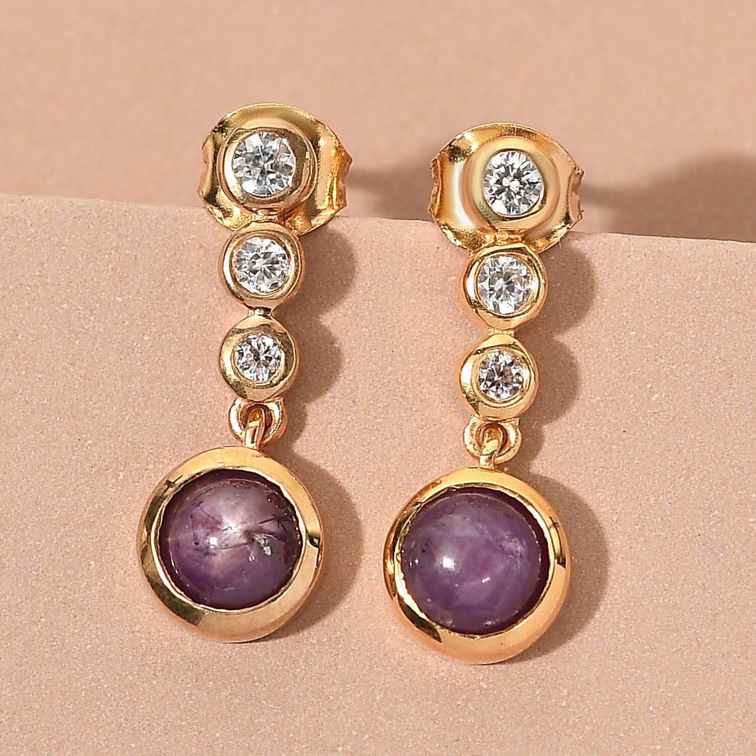 Star Ruby and White Zircon 3.48 ctw Earrings in 14K YG Over Sterling Silver
