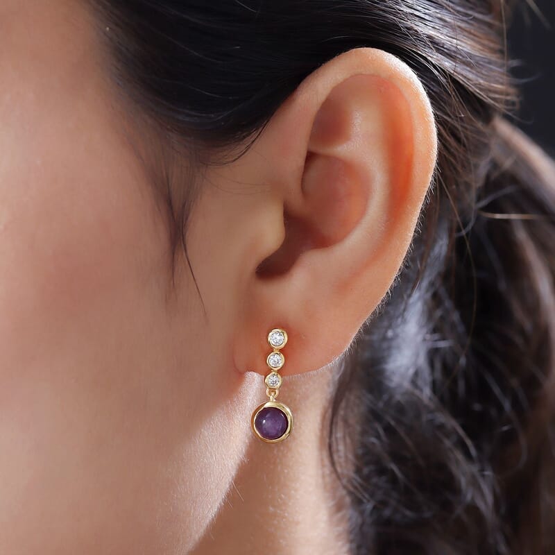 Star Ruby and White Zircon 3.48 ctw Earrings in 14K YG Over Sterling Silver