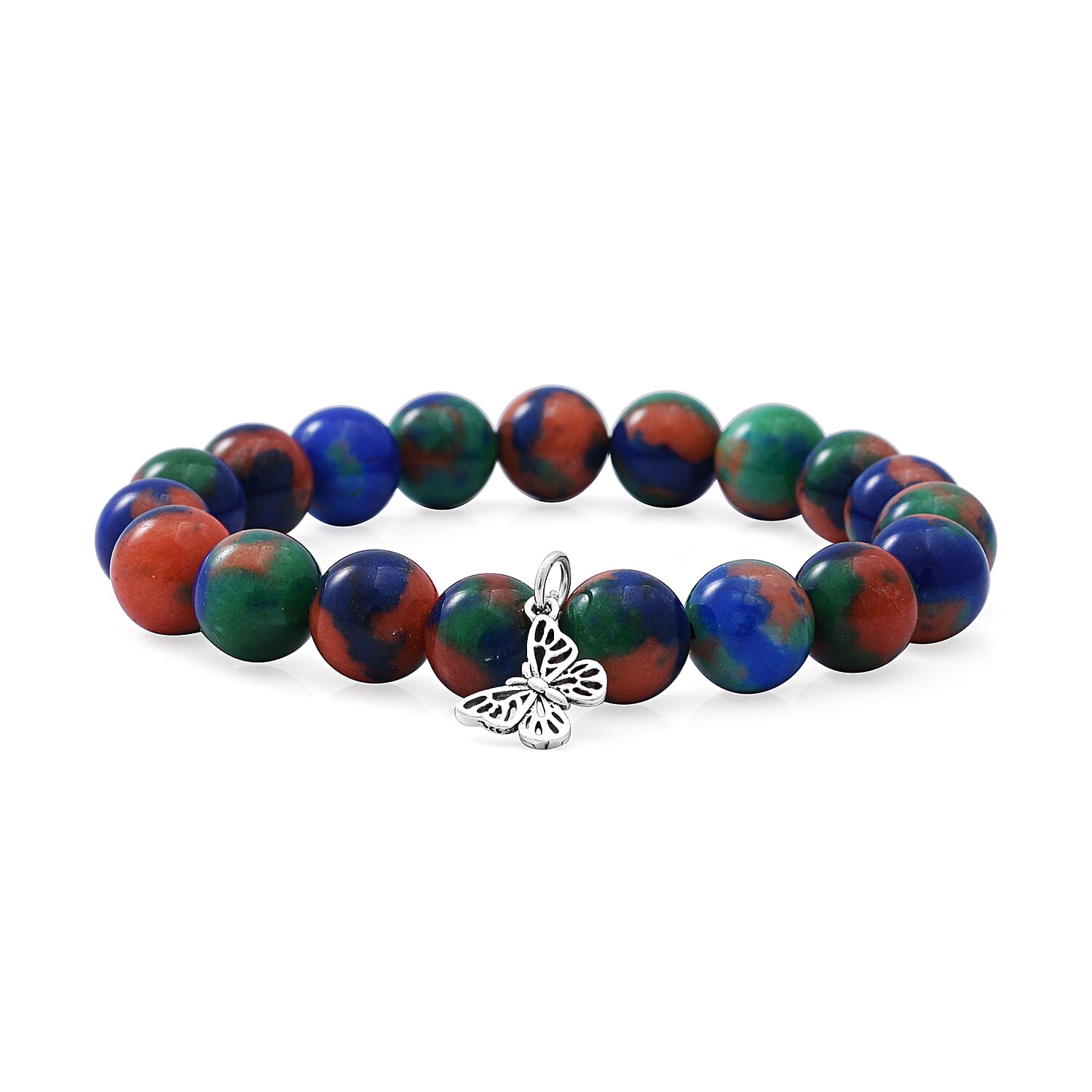 Multi Color Jasper (D) Beaded Stretch Bracelet with Charm in Sterling Silver 100.00 ctw