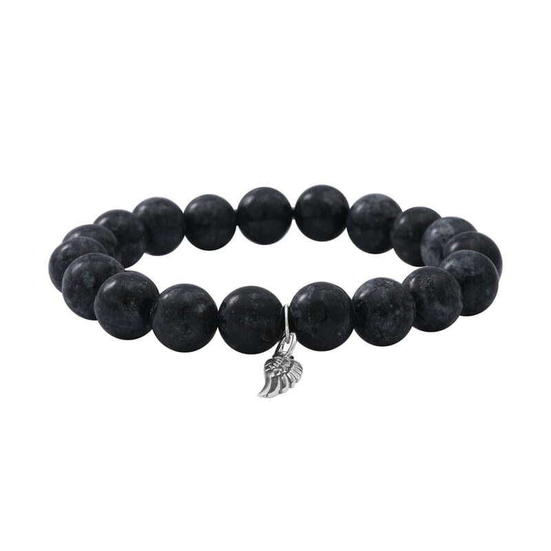 Pietersite Color Agate Beaded Stretch Bracelet with Feather Charm in Sterling Silver 100.00 ctw