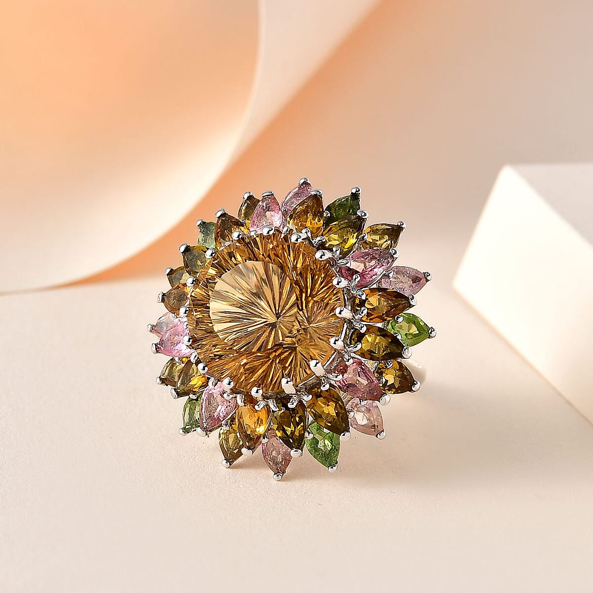 Hanabi Cut Brazilian Citrine and Multi-Tourmaline 16.10 ctw Firework Ring in Platinum Over Sterling Silver (Size 10.0) image number 1