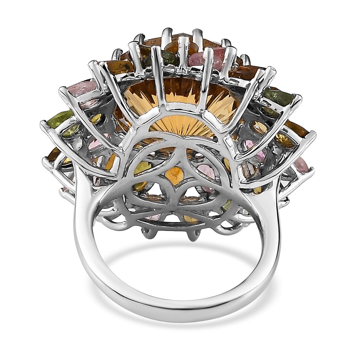 Hanabi Cut Brazilian Citrine and Multi-Tourmaline 16.10 ctw Firework Ring in Platinum Over Sterling Silver (Size 10.0) image number 4