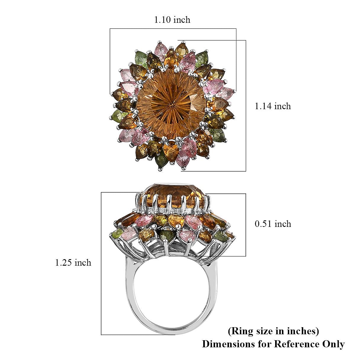 Hanabi Cut Brazilian Citrine and Multi-Tourmaline 16.10 ctw Firework Ring in Platinum Over Sterling Silver (Size 10.0) image number 5