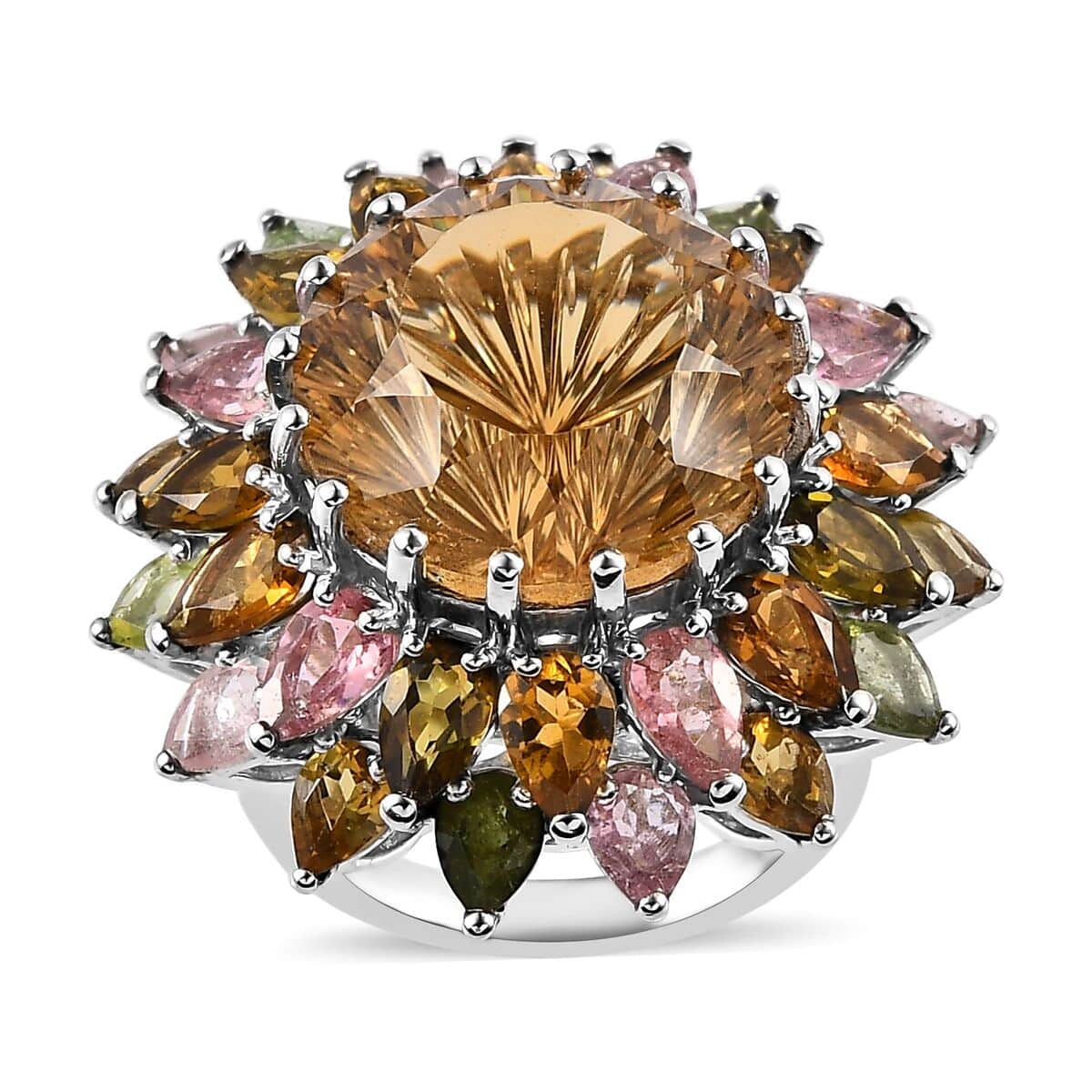 Hanabi Cut Brazilian Citrine and Multi-Tourmaline 16.10 ctw Firework Ring in Platinum Over Sterling Silver (Size 5.0) image number 0