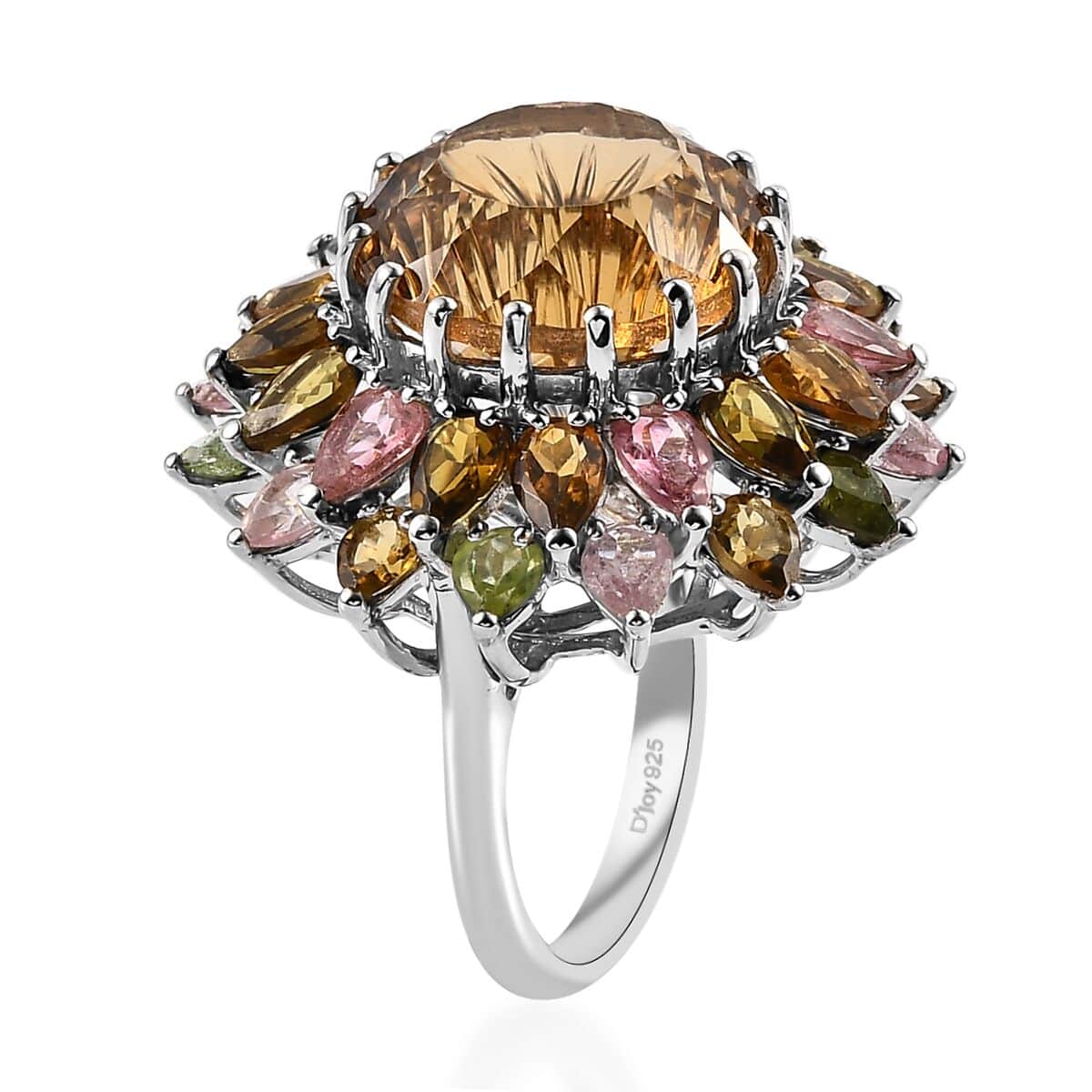 Hanabi Cut Brazilian Citrine and Multi-Tourmaline 16.10 ctw Firework Ring in Platinum Over Sterling Silver (Size 5.0) image number 3