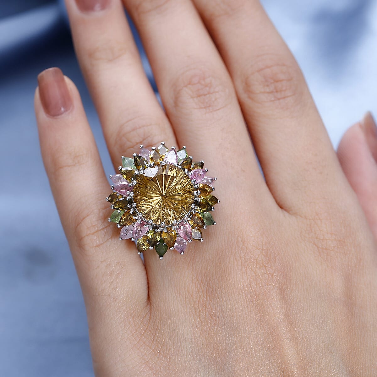 Hanabi Cut Brazilian Citrine and Multi-Tourmaline 16.10 ctw Firework Ring in Platinum Over Sterling Silver (Size 9.0) image number 2