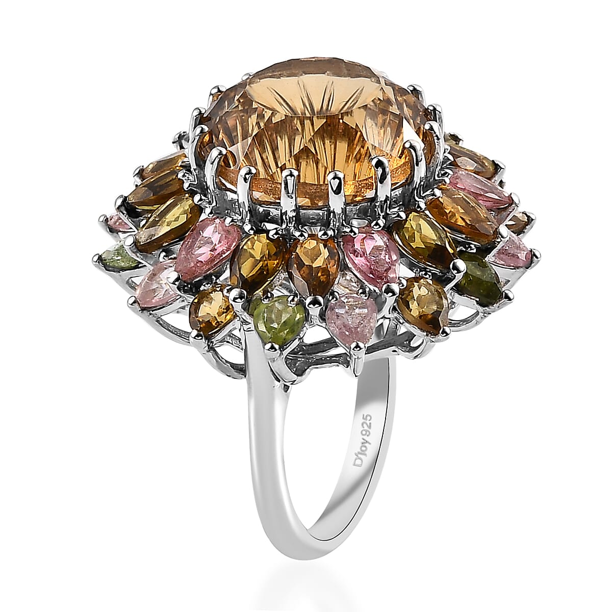 Hanabi Cut Brazilian Citrine and Multi-Tourmaline 16.10 ctw Firework Ring in Platinum Over Sterling Silver (Size 9.0) image number 3