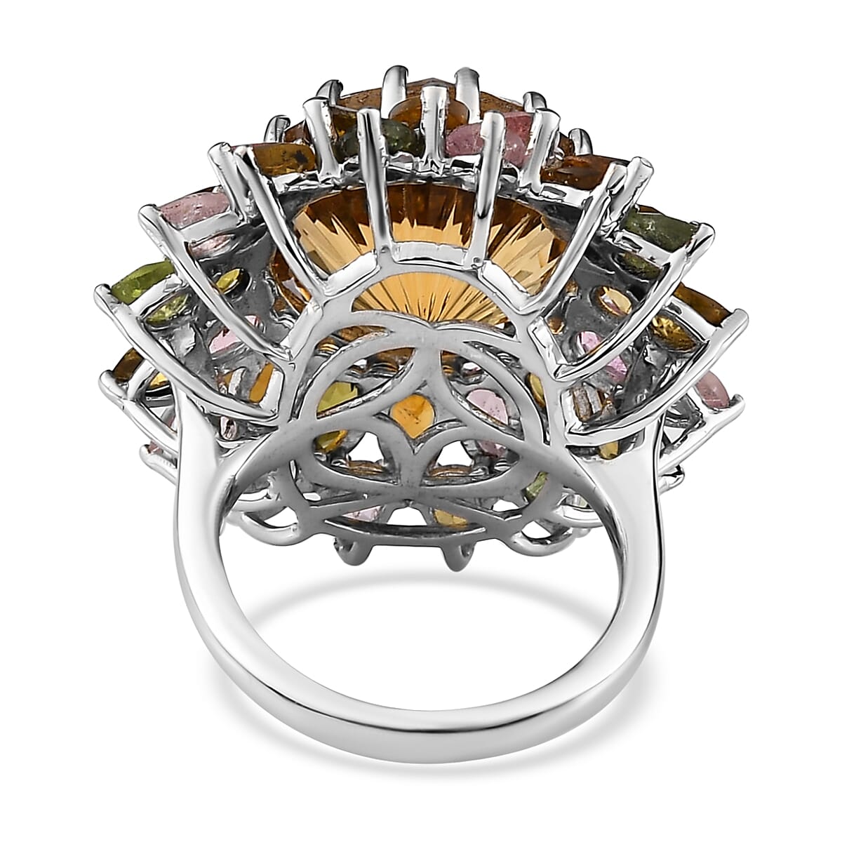 Hanabi Cut Brazilian Citrine and Multi-Tourmaline 16.10 ctw Firework Ring in Platinum Over Sterling Silver (Size 9.0) image number 4