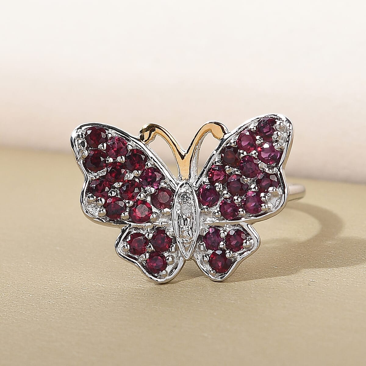 Anthill Garnet and Diamond Butterfly Ring in Vermeil Yellow Gold and Platinum Over Sterling Silver (Size 7.0) 1.75 ctw image number 1