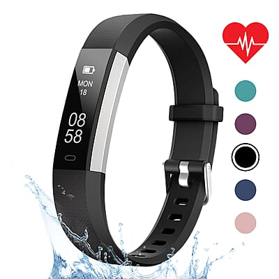 Letscom ID115UHR Fitness Tracker includes Pedometer and Sleep Monitoring Smart Watch with Black Strap (1 inch screen, 5.5-9 inches)