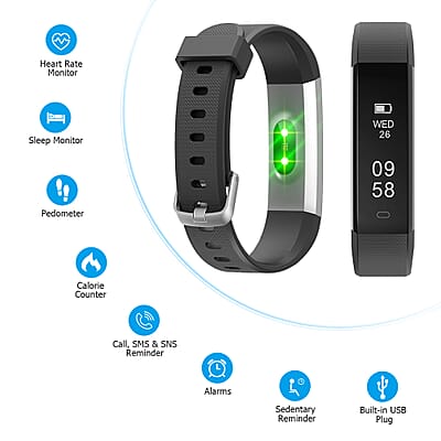 Letscom ID115UHR Fitness Tracker includes Pedometer and Sleep Monitoring Smart Watch with Black Strap (1 inch screen, 5.5-9 inches)