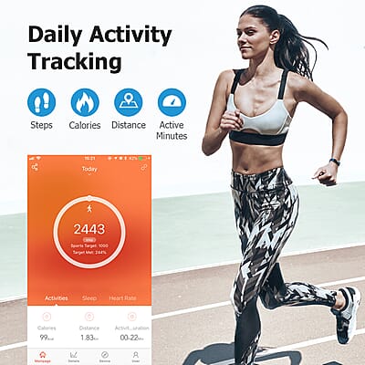 Letscom ID115UHR Fitness Tracker includes Pedometer and Sleep Monitoring Smart Watch with Black Strap (1 inch screen, 5.5-9 inches)