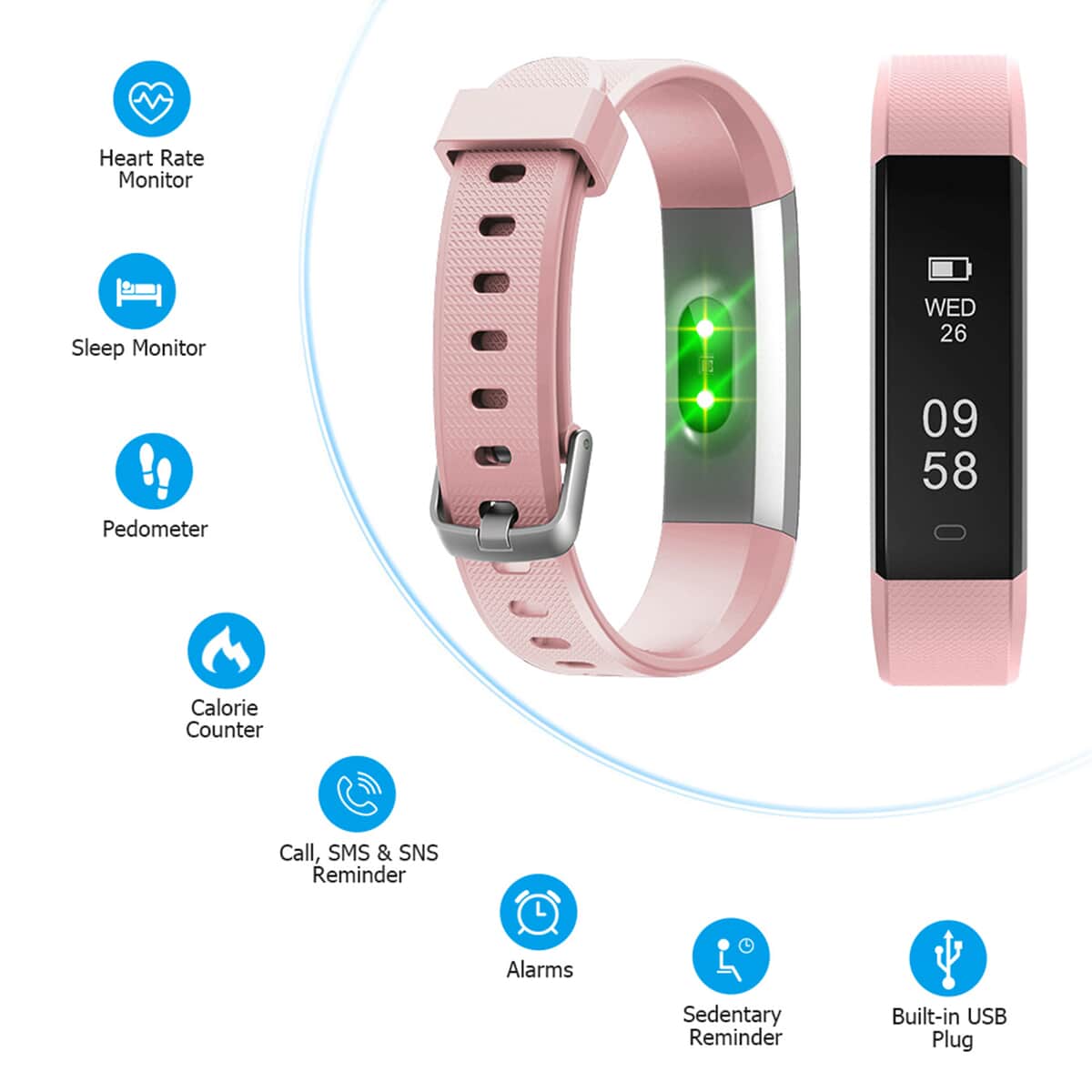 LETSCOM ID115UHR Fitness Tracker includes Pedometer and Sleep Monitoring Smart Watch with Pink Strap (1 inch screen, 5.5-9 inches) image number 1