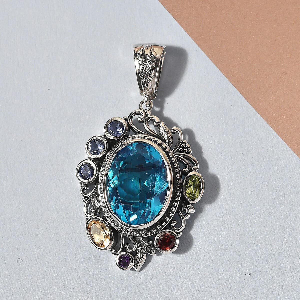 Artisan Crafted Caribbean Quartz (Triplet) and Multi Gemstone Pendant with Enhancer Loop in Sterling Silver 10.85 ctw image number 1