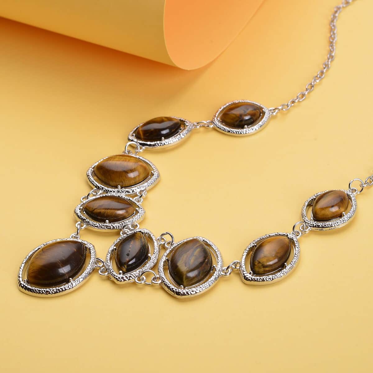 Yellow Tiger's Eye Necklace 18-20 Inches in Silvertone 125.00 ctw image number 1