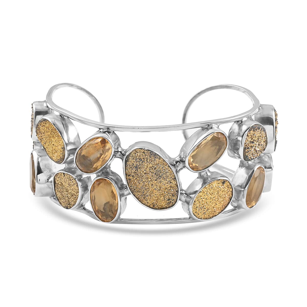 Gold Drusy Quartz and Brazilian Citrine Cuff Bracelet in Sterling Silver (7.50 In) 60.70 Grams 16.80 ctw image number 0