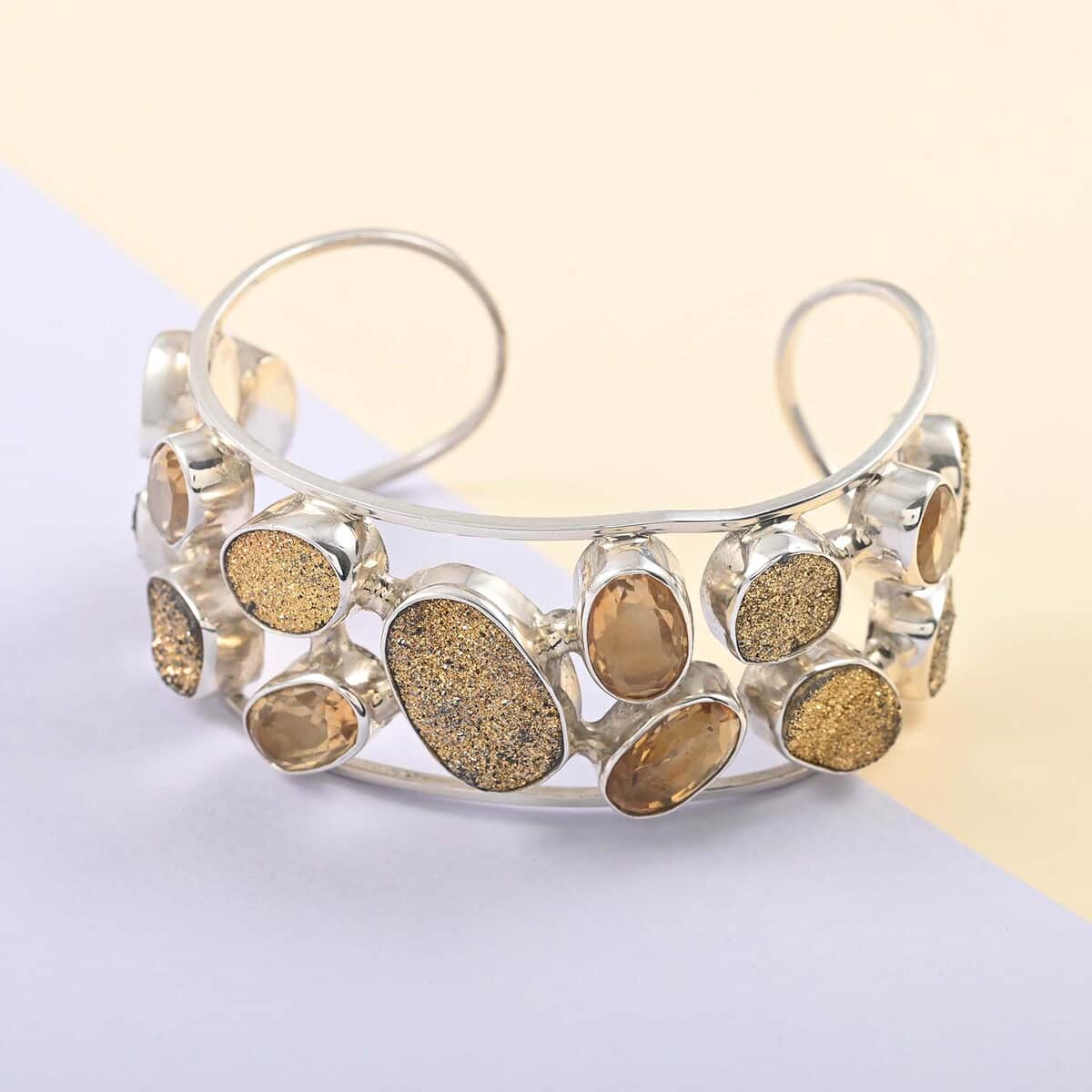 Gold Drusy Quartz and Brazilian Citrine Cuff Bracelet in Sterling Silver (7.50 In) 60.70 Grams 16.80 ctw image number 1