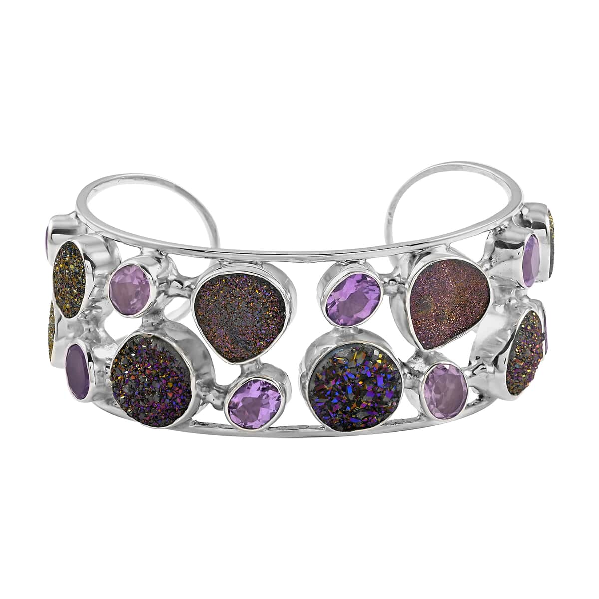 Gold Drusy Quartz and Amethyst Cuff Bracelet in Sterling Silver (7.00 In) 16.00 ctw image number 0