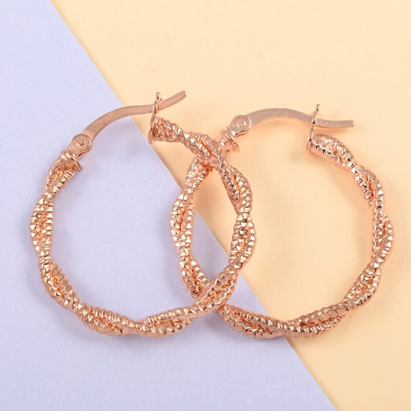 14K Rose Gold Over Sterling Silver Twisted Hoop Earrings 3 Grams