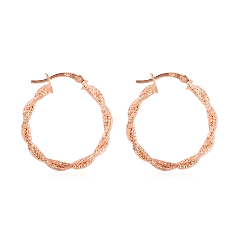 14K Rose Gold Over Sterling Silver Twisted Hoop Earrings 3 Grams