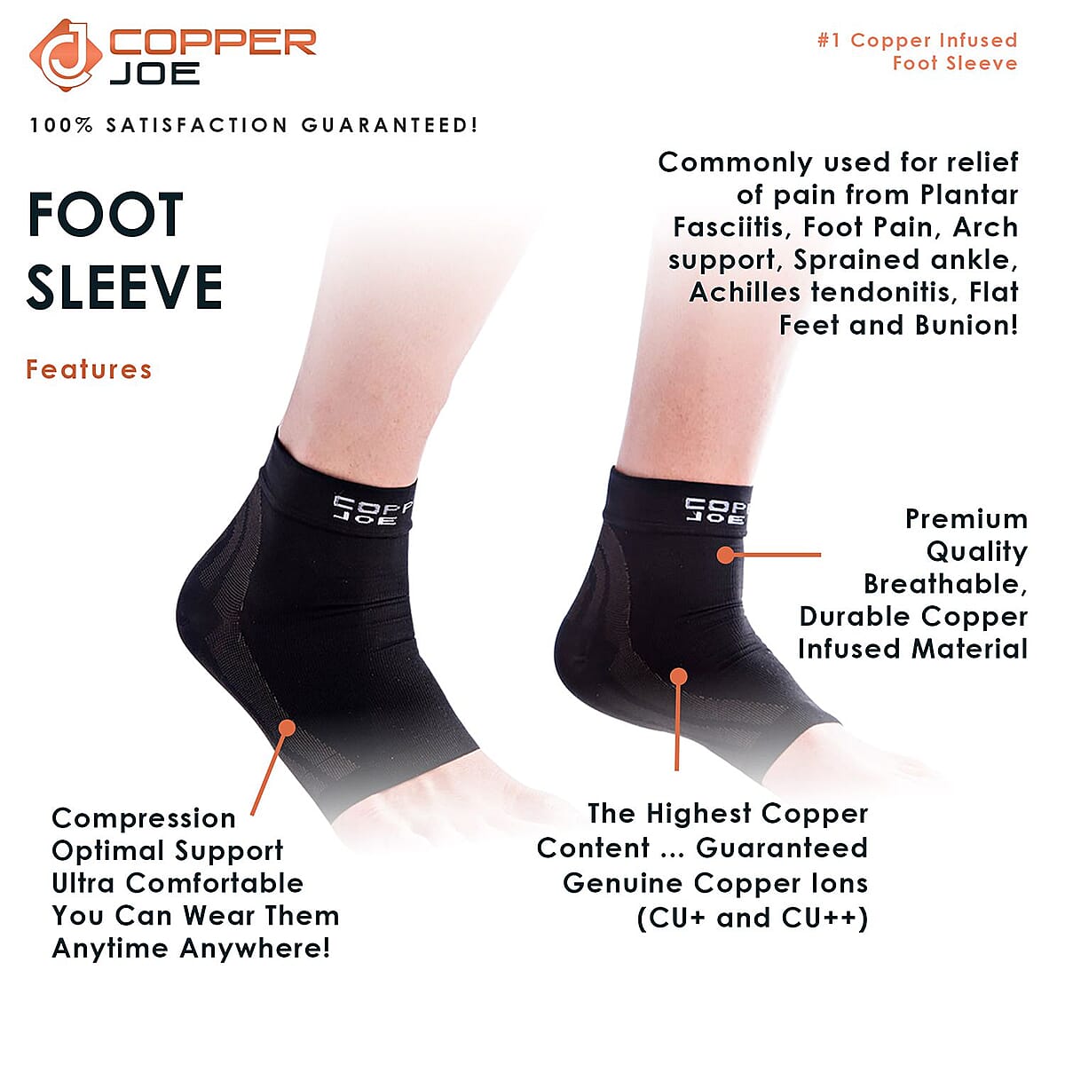 Copper Joe Compression Recovery Foot Sleeves/Support Socks 1 Pair - (XL) (Ships in 8-10 Business Days) , Leg Compression Sleeve , Ankle Compression Sleeve image number 6