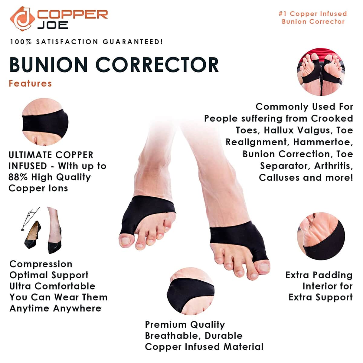 Copper Joe- Big Toe Bunion Corrector Sleeves - S/M (Ships in 8-10 Business days) , Best Bunion Corrector Brace , Big Toe Straightener image number 3