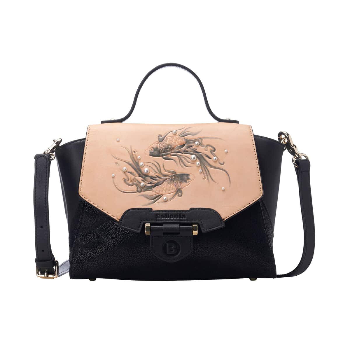 Bellorita-Koi Fish Small Black Top Grain Leather Satchel | Leather Satchel Bag for Women | Leather Purse Handbag image number 0