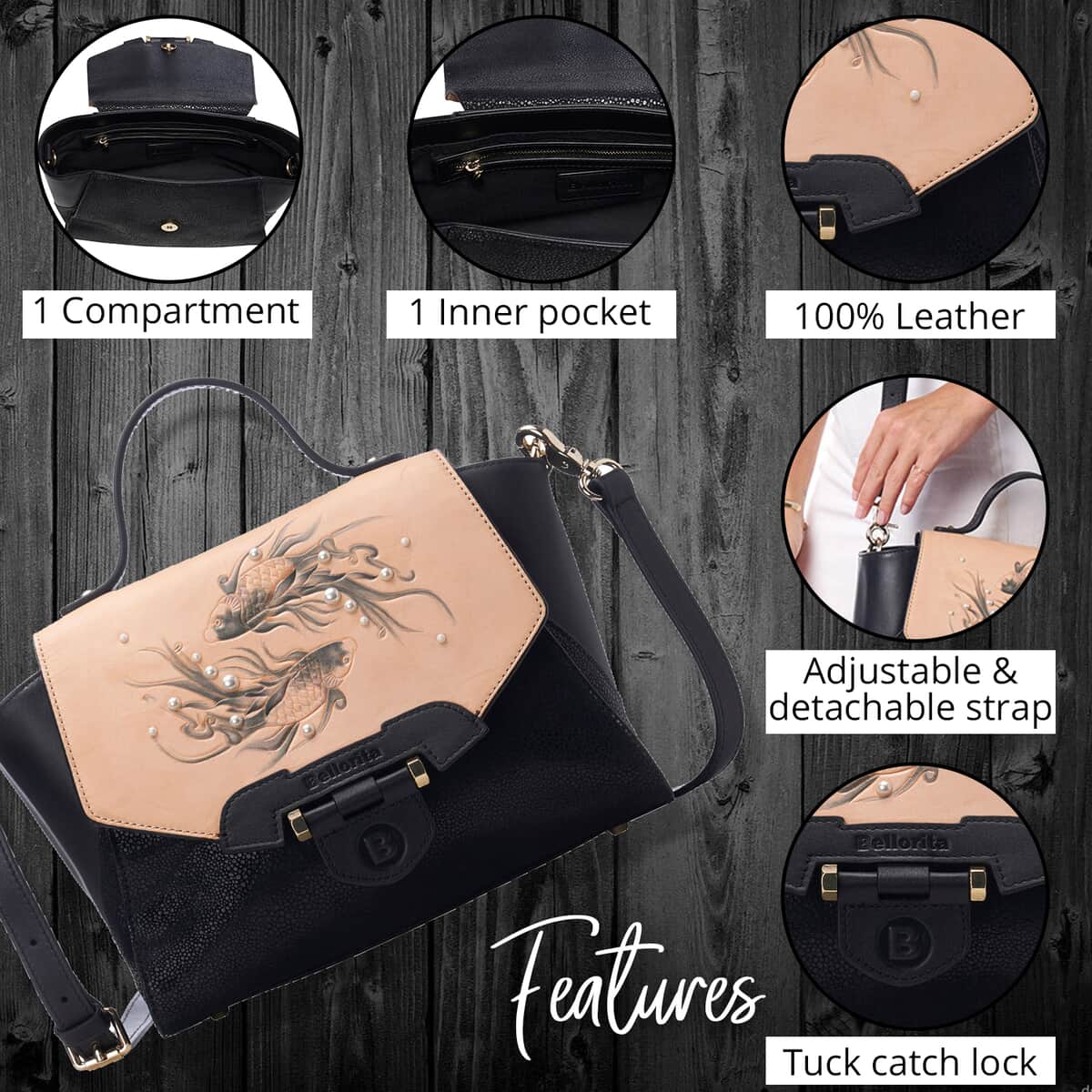 Bellorita-Koi Fish Small Black Top Grain Leather Satchel | Leather Satchel Bag for Women | Leather Purse Handbag image number 3