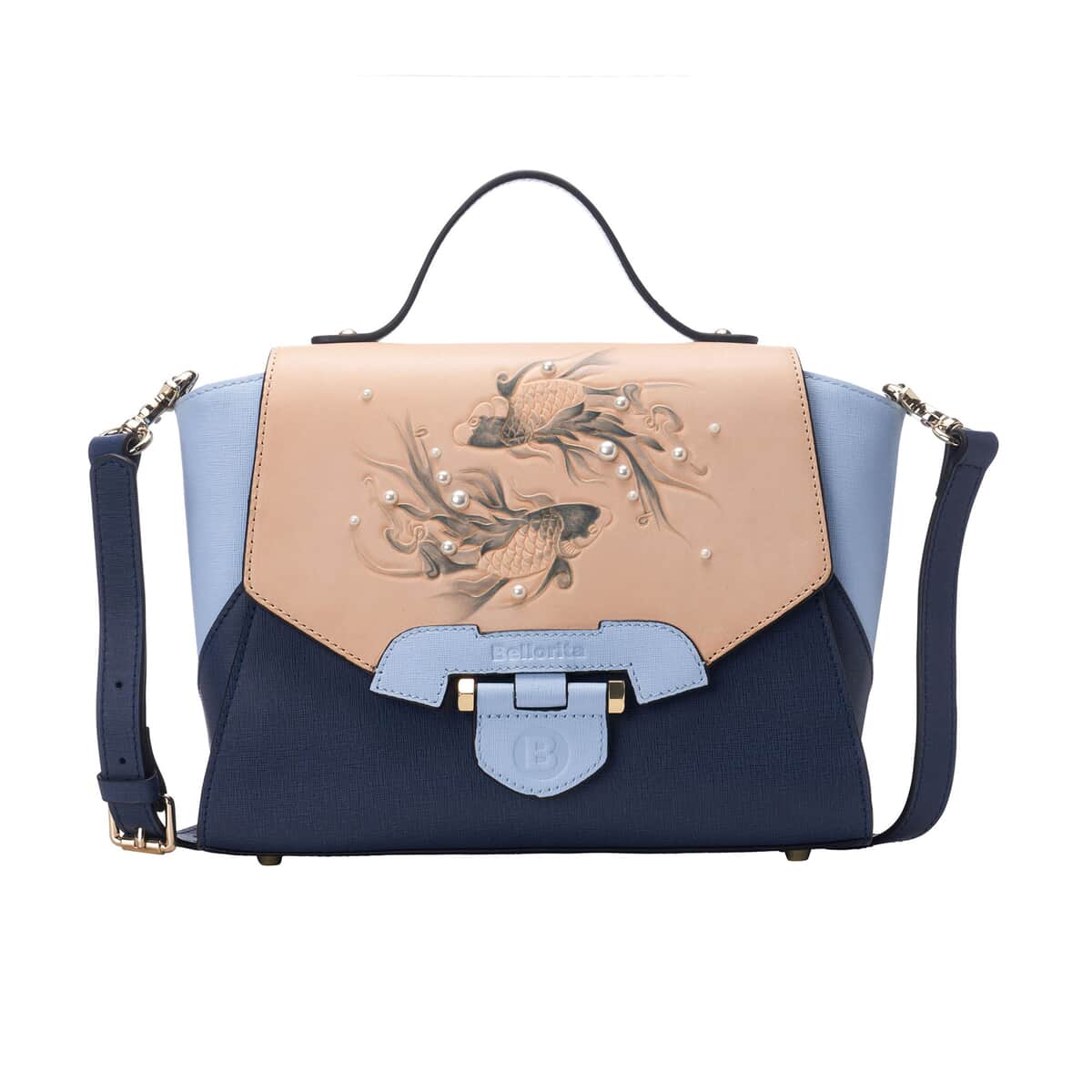 Bellorita-Koi Fish Small Blue Top Grain Leather Satchel | Leather Satchel Bag for Women | Leather Purse Handbag image number 0