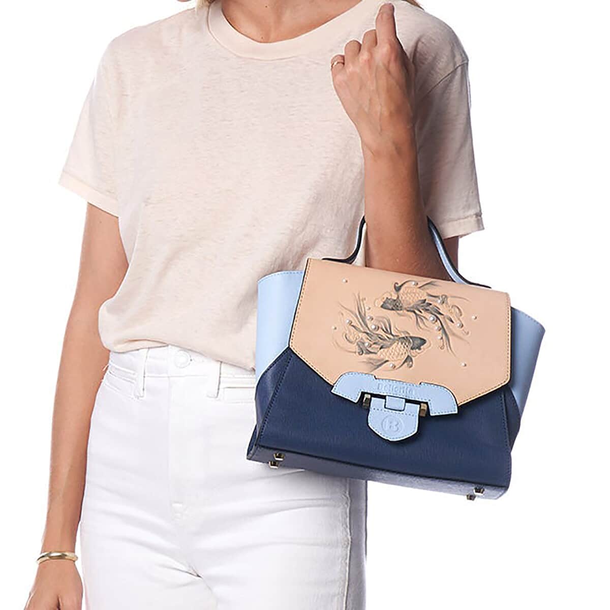 Bellorita-Koi Fish Small Blue Top Grain Leather Satchel | Leather Satchel Bag for Women | Leather Purse Handbag image number 2