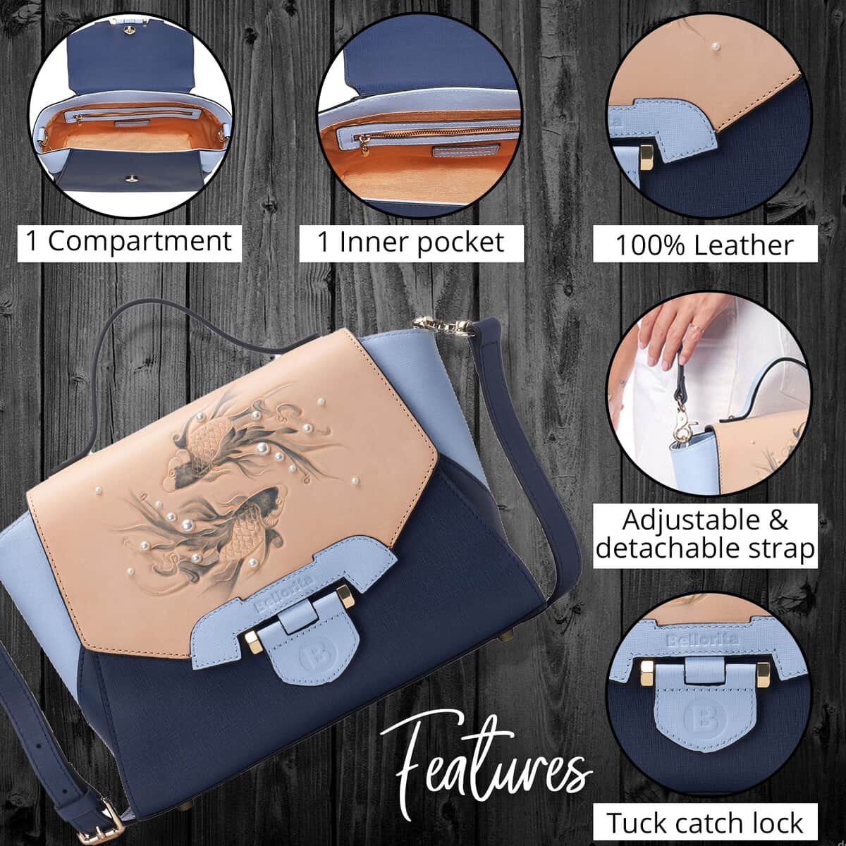Bellorita-Koi Fish Small Blue Top Grain Leather Satchel | Leather Satchel Bag for Women | Leather Purse Handbag image number 3